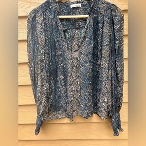 Ulla Johnson Blue Silver Ruffled Long Sleeve Blouse